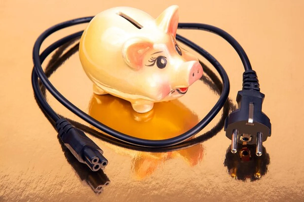 Skarbonka i wtyczka kabla elektrycznego. Koncepcja oszczędzania energii